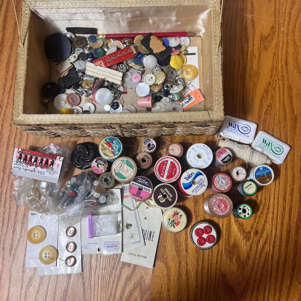 VTG Sewing Notions Lot with Antique Thread Spools, Buttons, Snaps & NO Basket - Picture 2 of 8